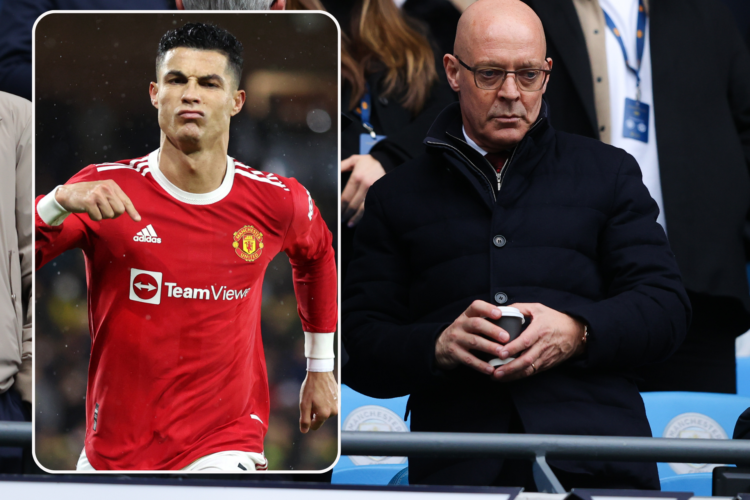 Sir Dave Brailsford watches from the stands. Inset, Cristiano Ronaldo celebrates for United