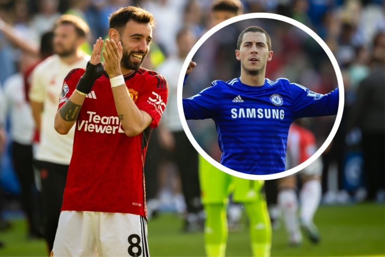 Bruno Fernandes celebrates by clapping the fans, inset Eden Hazard celebrates a goal in 2014 for Chelsea