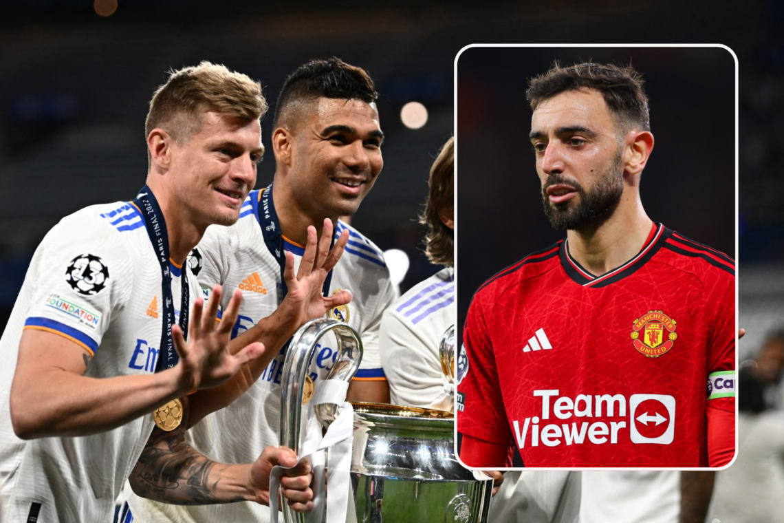 Real Madrid midfielders Toni Kroos and Casemiro celebrate a fifth Champions League title, inset Bruno Fernandes looks on while playing for Manchest...