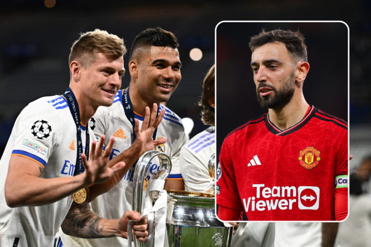 Real Madrid midfielders Toni Kroos and Casemiro celebrate a fifth Champions League title, inset Bruno Fernandes looks on while playing for Manchest...