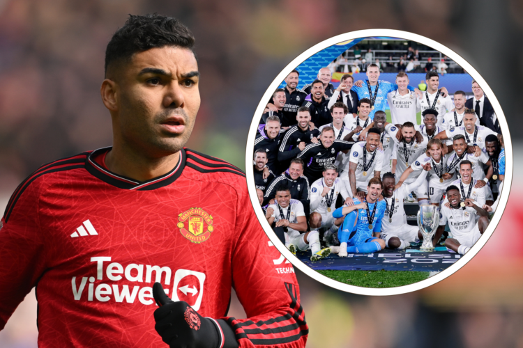 Casemiro in action for Manchester United. Inset, Real Madrid squad pose with 2022 Super Cup trophy