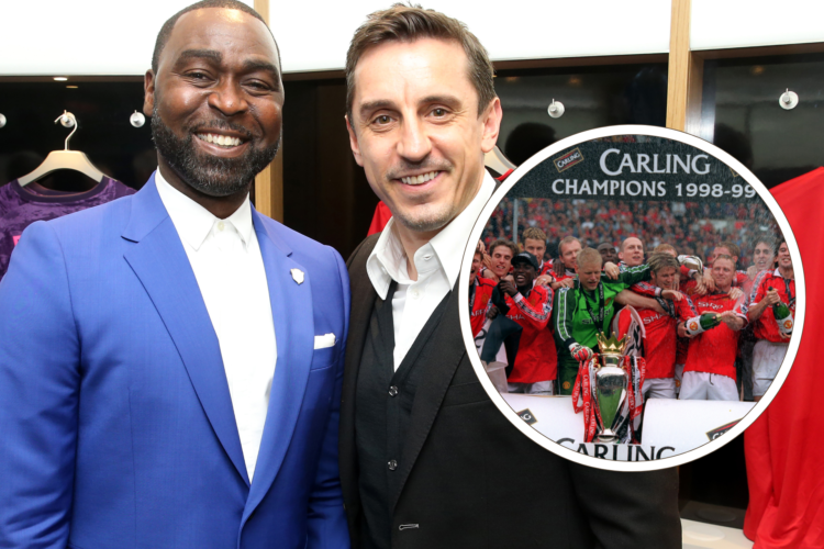 Andy Cole and Gary Neville wearing suits, grinning. Inset, Manchester United celebrate title win in 1999