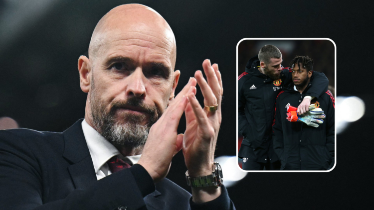 Erik ten Hag claps his team at Old Trafford headshot image, inset David de Gea and Fred embrace after a game in 2023