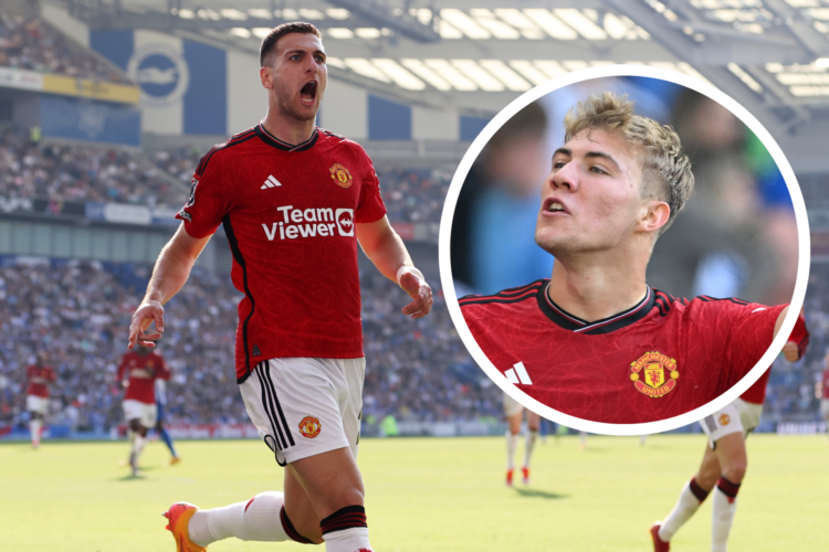 Diogo Dalot celebrates scoring v Brighton, Rasmus Hojlund happy inset