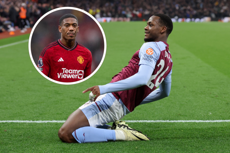 Jhon Duran scores for Aston Villa and celebrates with a knee slide. Inset, Anthony Martial grimaces for Manchester United