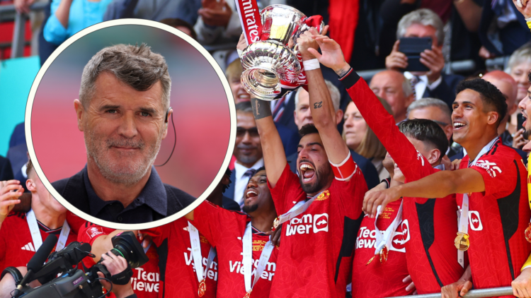 Bruno Fernandes lifts FA Cup trophy. Inset, Roy Keane smiles
