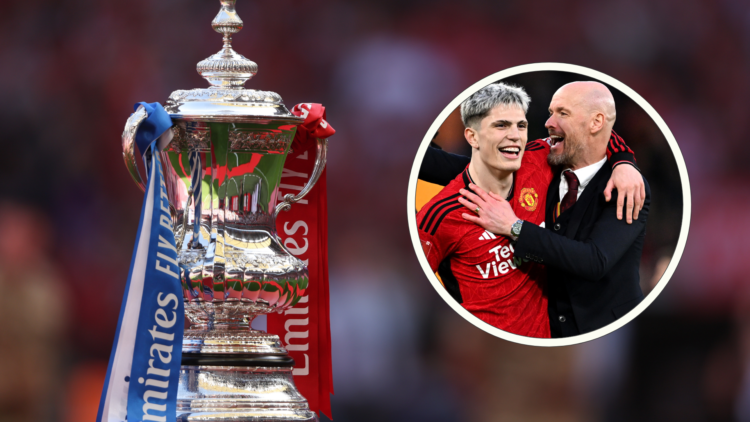 FA Cup Trophy, inset, Alejandro Garnacho and Erik ten Hag