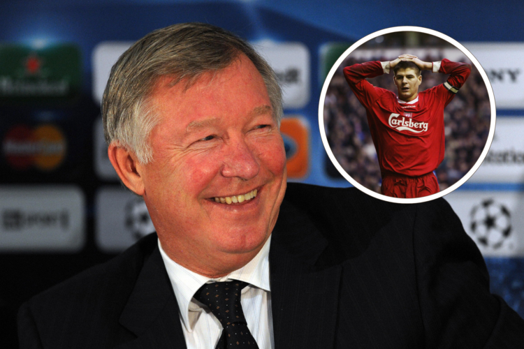 Sir Alex Ferguson laughs at press conference - inset, Steven Gerrard in Liverpool shirt looks dejected