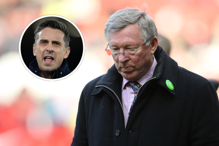 Sir Alex Ferguson, as manager, looks to the floor. inset, Gary Neville headshot, looking animated