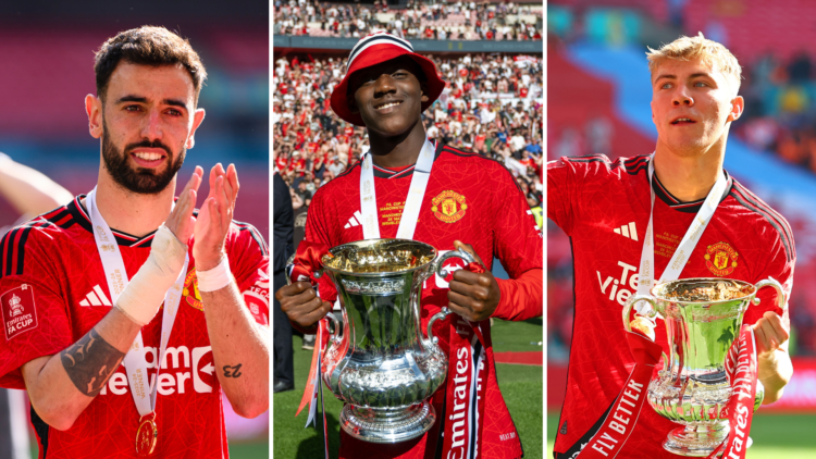 Bruno Fernandes, Kobbie Mainoo, Rasmus Hojlund triple-up, with FA Cup medal and cup