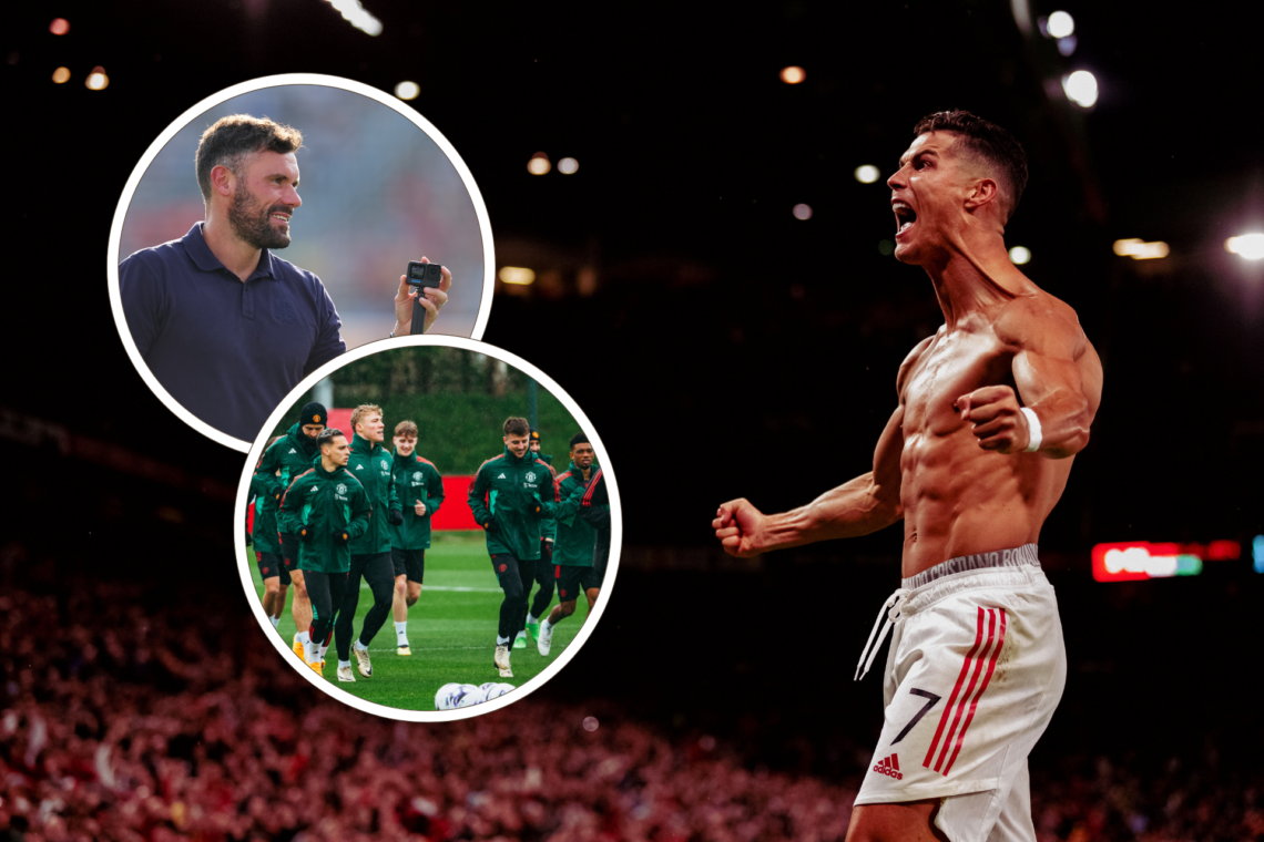 Cristiano Ronaldo celebrates for Manchester United, shirt off. Inset, Ben Foster uses his GoPro, inset, Manchester United players train at Carrington