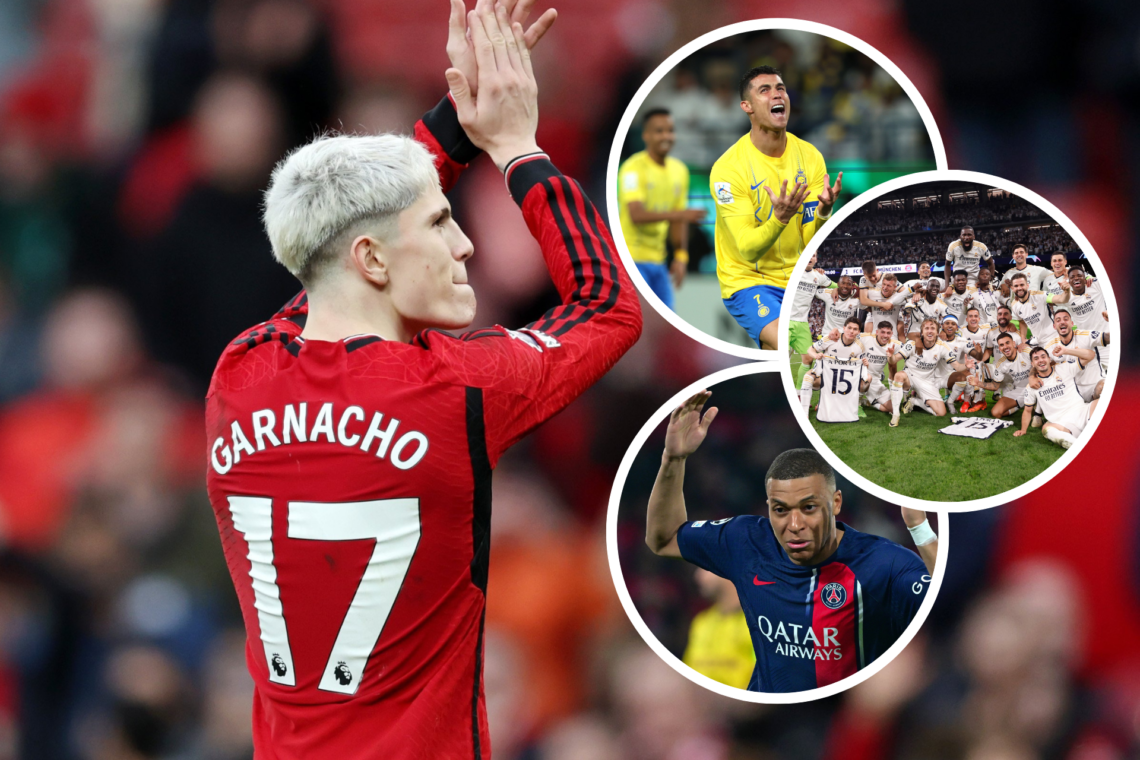 Alejandro Garnacho applauds Manchester United crowd, inset, Cristiano Ronaldo upset for Al Nassr, second inset, Real Madrid players celebrate in a ...