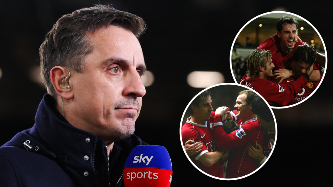 Sky Sports pundit Gary Neville covering the Premier League clash between West Ham and Brentford, featuring overlay images of his former Manchester ...