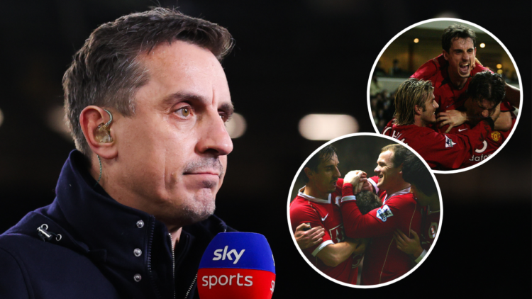 Sky Sports pundit Gary Neville covering the Premier League clash between West Ham and Brentford, featuring overlay images of his former Manchester ...
