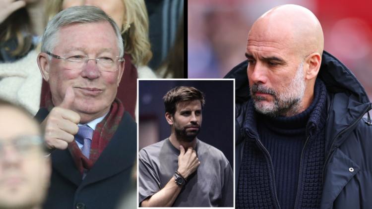 Gerard Pique at the Kings League and Queens League finals in 2024. An overlay of images includes former Manchester United manager Sir Alex Ferguson...