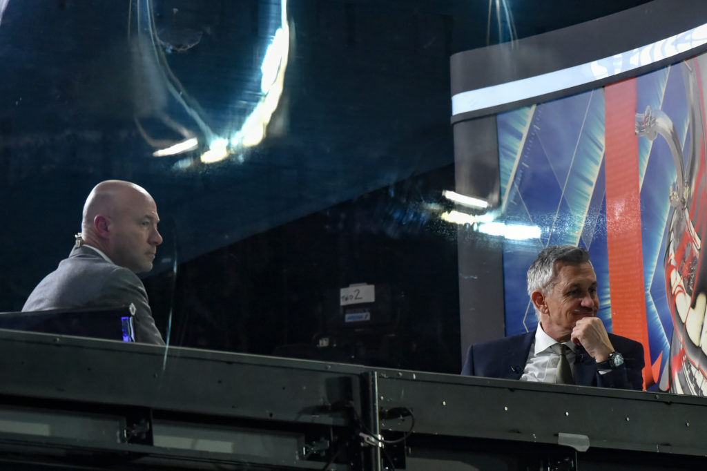 Gary Lineker and Alan Shearer watch on from the BBC studio during the FA Cup Third Round match between Newport County and Leicester City at Rodney ...