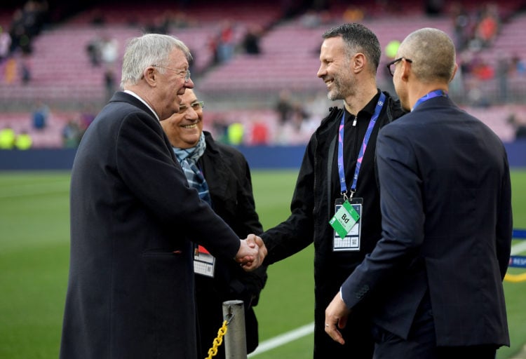 Sir Alex Ferguson shakes hands with Ryan Giggs on the pitch prior to the UEFA Champions League Quarter Final second leg match between FC Barcelona ...