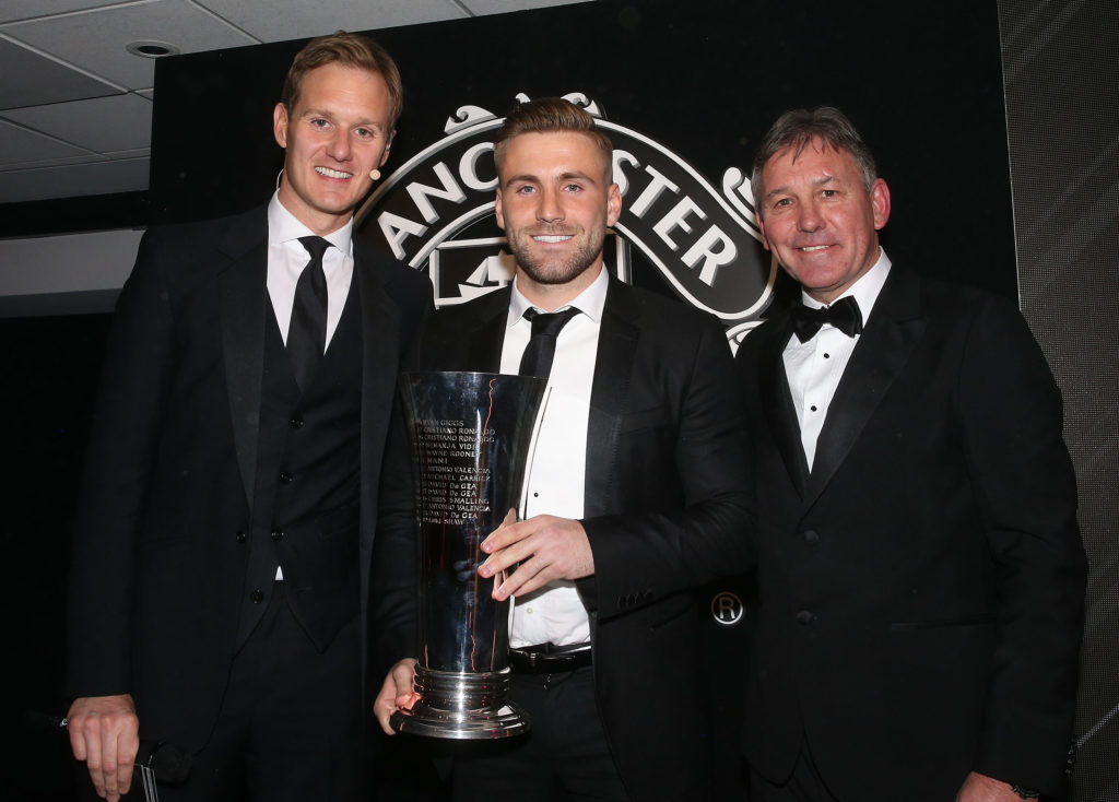 Luke Shaw of Manchester United is presented with the Players' Player of the Year award at the club's annual Player of the Year awards at Old Traffo...