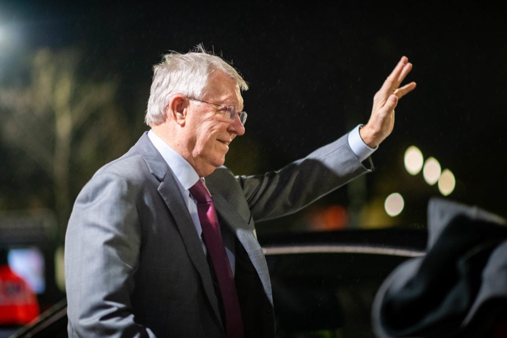 Sir Alex Ferguson arrives prior to the Carabao Cup Quarter Final match between Manchester United and Charlton Athletic at Old Trafford on January 1...