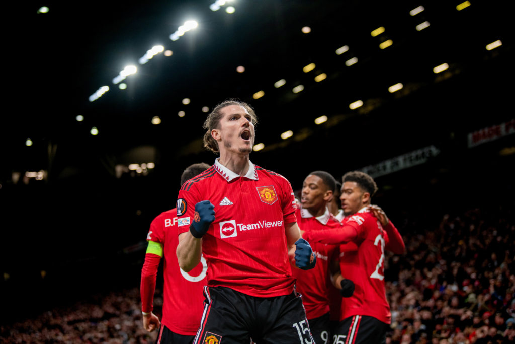 Marcel Sabitzer of Manchester United  celebrates scoring a goal to make the score 1-0 during the UEFA Europa League Quarterfinal first leg match be...
