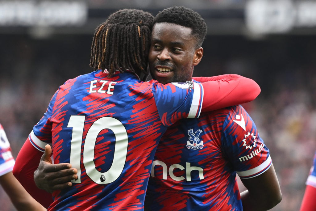 Eberechi Eze with Marc Guehi of Crystal Palace  celebrate after first goal during the Premier League match between Crystal Palace and AFC Bournemou...