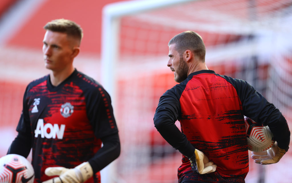 David De Gea of Manchester United warms up prior to  the Premier League match between Manchester United and Crystal Palace at Old Trafford on Septe...