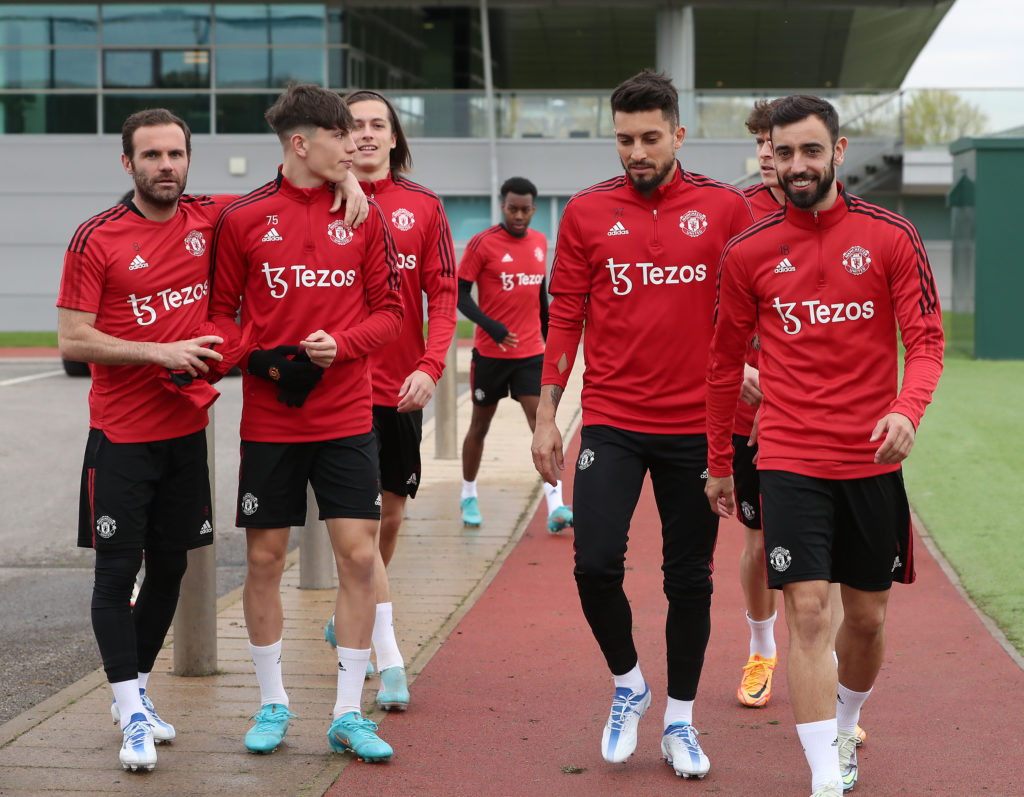 (EXCLUSIVE COVERAGE) Juan Mata, Alejandro Garnacho, Alex Telles, Bruno Fernandes of Manchester United in action during a first team training sessio...