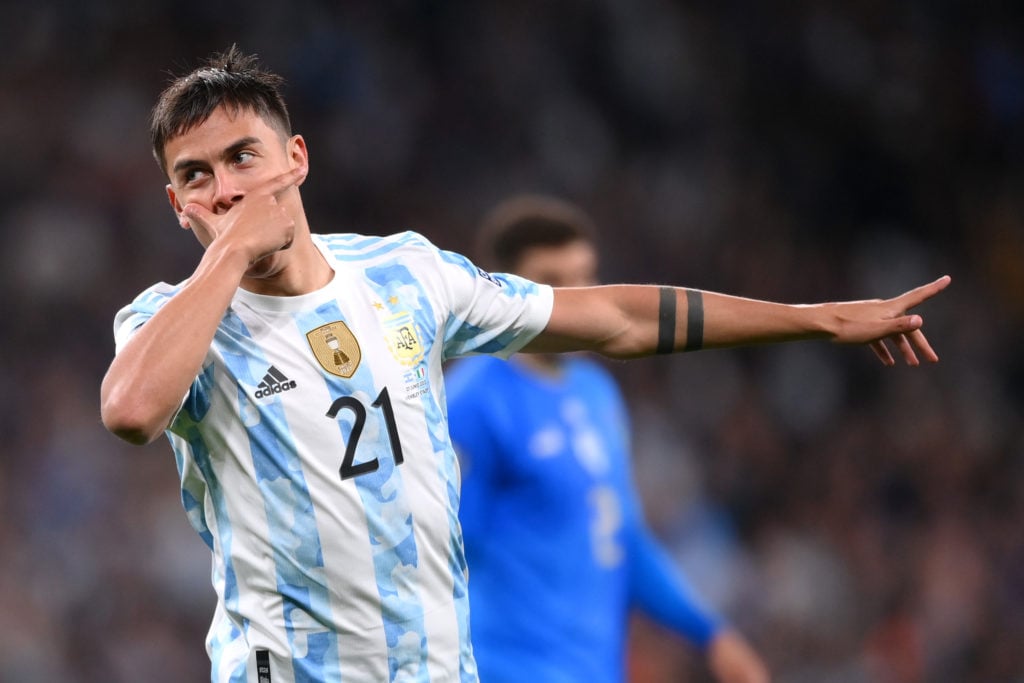 Paulo Dybala of Argentina celebrates after scoring their team's third goal during the 2022 Finalissima match between Italy and Argentina at Wembley...