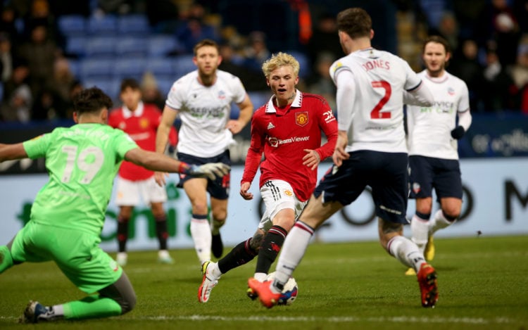 Isak Hansen-Aaroen of Manchester United U21s in action during the Papa John's Trophy match between Bolton Wanderers and Manchester United U21s at U...