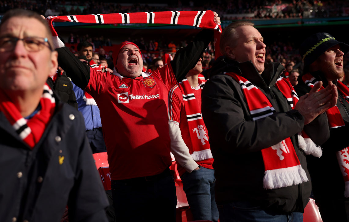 Manchester United fans show their support during the Carabao Cup Final match between Manchester United and Newcastle United at Wembley Stadium on F...
