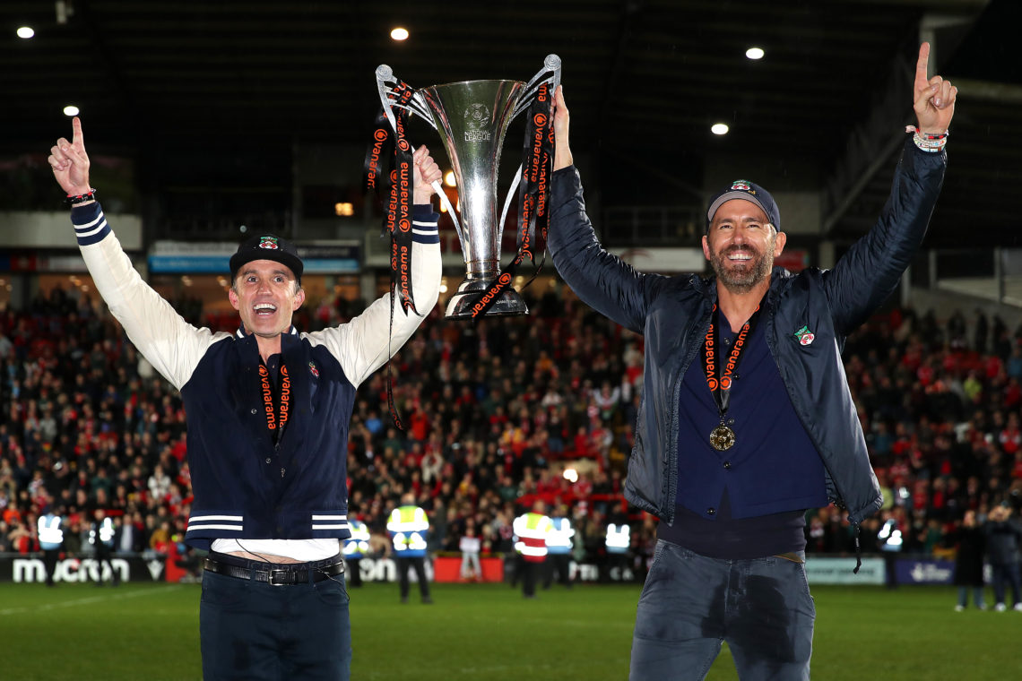 Rob McElhenney and Ryan Reynolds, Owners of Wrexham celebrate with the Vanarama National League trophy as Wrexham win the Vanarama National League ...