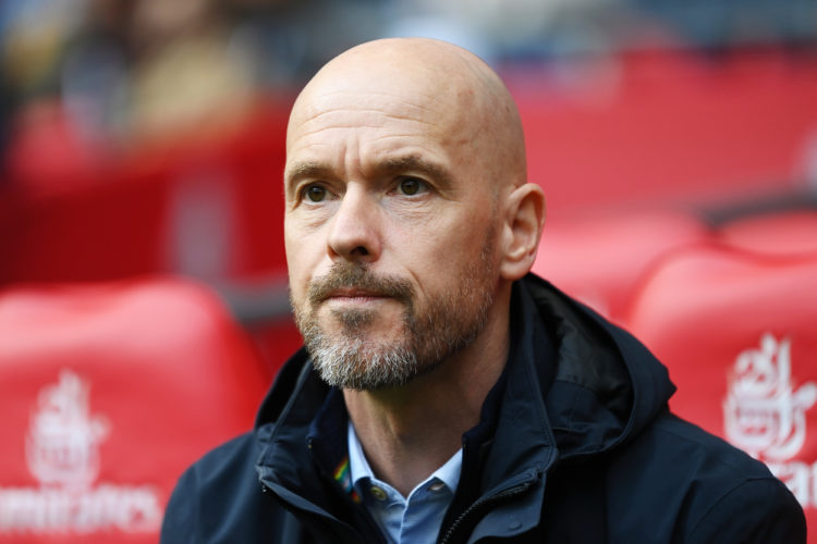 Erik ten Hag, Manager of Manchester United, looks on during the Emirates FA Cup Semi Final match between Brighton & Hove Albion and Manchester ...