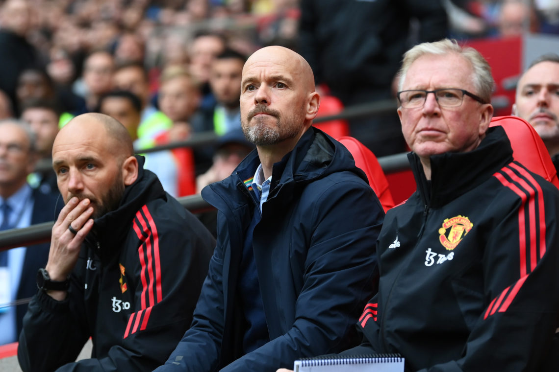 Erik ten Hag, Manager of Manchester United, looks on alongside Assistant Manager Steve McClaren (R) and Mitchell van der Gaag (L) during the Emirat...