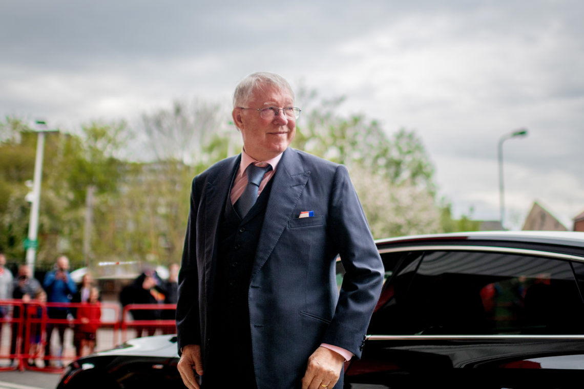 Sir Alex Ferguson arrives at the stadium prior to the Premier League match between Manchester United and Aston Villa at Old Trafford on April 30, 2...