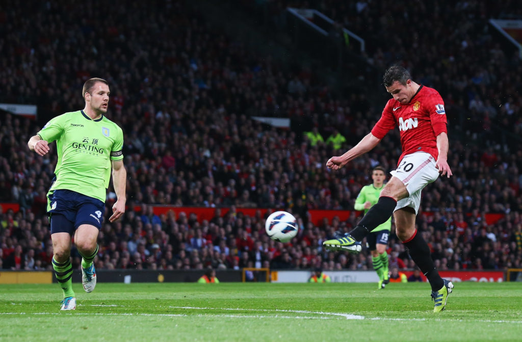 Robin van Persie of Manchester United scores his team's second goal during the Barclays Premier League match between Manchester United and Aston Vi...