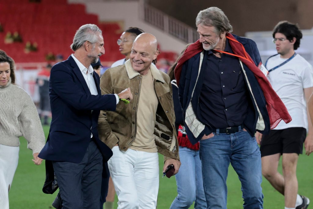 Ineos Sport CEO Jean-Claude Blanc, Ineos Sports Director Dave Brailsford and Ineos CEO and owner of OGC Nice Jim Ratcliffe celebrate Nice victory o...