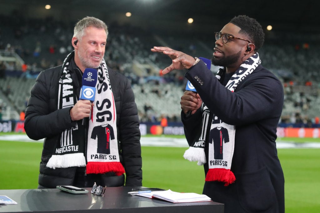CBS Sports pundits Jamie Carragher and Micah Richards during the UEFA Champions League match between Newcastle United FC and Paris Saint-Germain at...