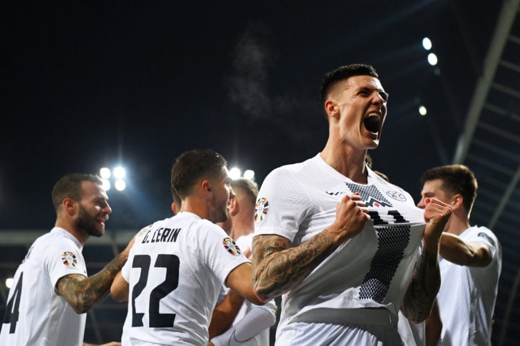 Benjamin Sesko of Slovenia celebrates after scoring the team's first goal during the UEFA EURO 2024 European qualifier match between Slovenia and K...