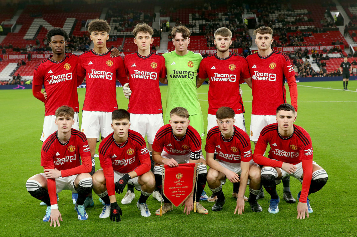 Manchester United U18s pose for a team photo ahead of the FA Youth Cup Third Round match between Manchester United U18s and Derby County U18s at Ol...