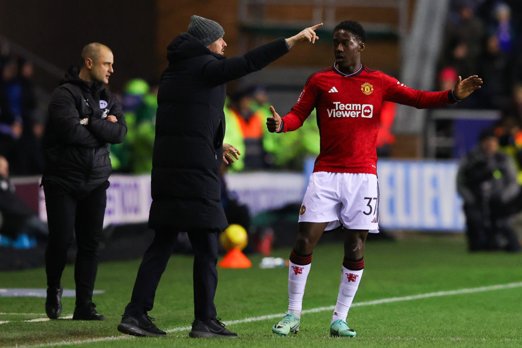 Erik ten Hag, manager of Manchester United, issues instructions to Kobbie Mainoo of Manchester United during the Emirates FA Cup Third Round match ...