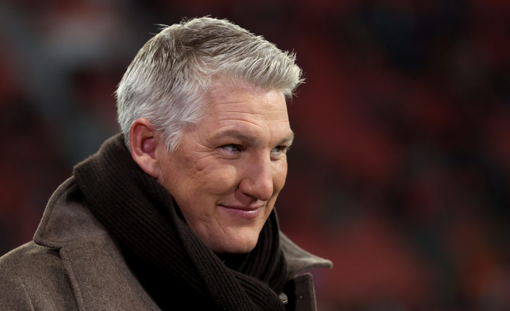 Former player and TV expert Bastian Schweinsteiger is seen prior to the DFB cup quarterfinal match between Bayer 04 Leverkusen and VfB Stuttgart at...