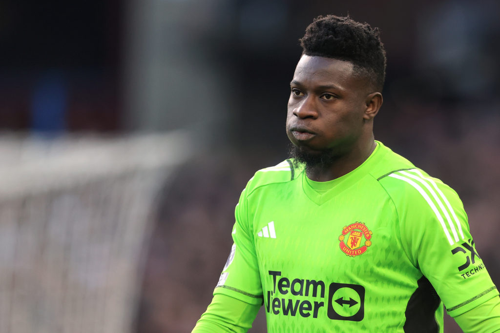 Manchester United goalkeeper Andre Onana looks dejected during the Premier League match between Aston Villa and Manchester United at Villa Park on ...