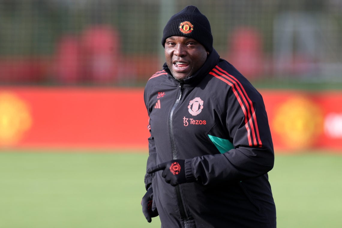 Manchester United Coach Benni McCarthy in action during a Manchester United first team training session at Carrington Training Ground on February 1...