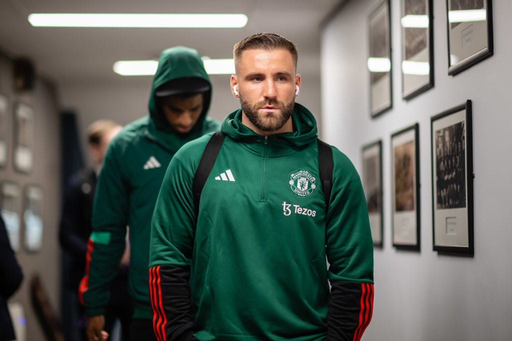 Luke Shaw of Manchester United arrives prior to the Premier League match between Luton Town and Manchester United at Kenilworth Road on February 18...