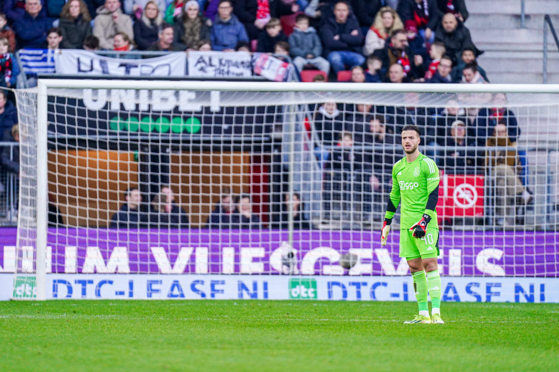Jorrel Hato of AFC Ajax looks on, commercial banner DTC-Lease.nl during the Dutch Eredivisie match between AZ and AFC Ajax at AFAS Stadion on Febru...