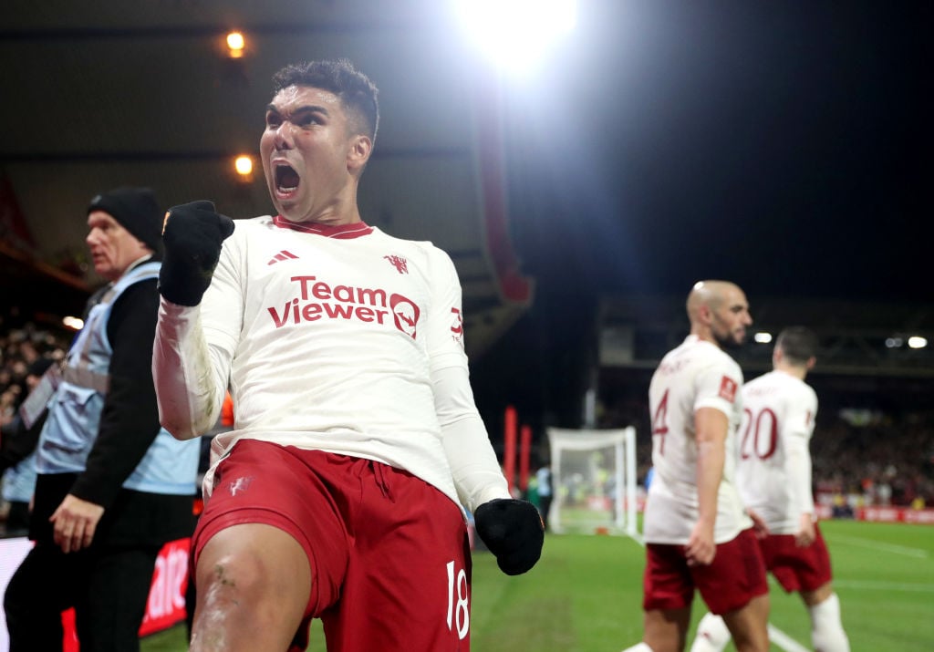 Manchester United's Casemiro celebrates scoring his side's first goal during the Emirates FA Cup Fifth Round match between Nottingham Forest and M...