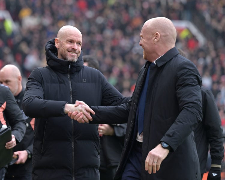 Erik ten Hag (L) shakes the hand of Sean Dyche before the Premier League match between Manchester United and Everton FC at Old Trafford on March 09...