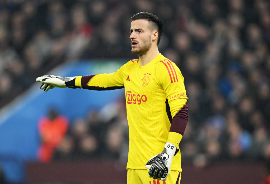 Diant Ramaj of Ajax gestures during the UEFA Europa Conference League 2023/24 round of 16 second leg match between Aston Villa and AFC Ajax at Vill...