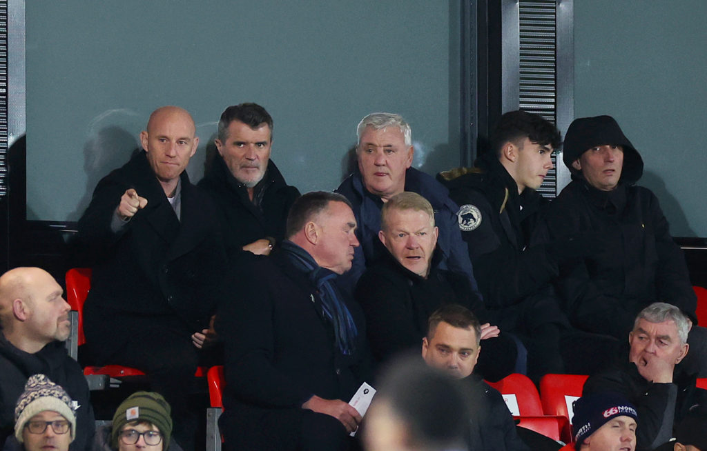 Nicky Butt, Chief Executive Officer of Salford City, Former Footballer, Roy Keane and Former Football Manager, Steve Bruce, watch on from the stand...
