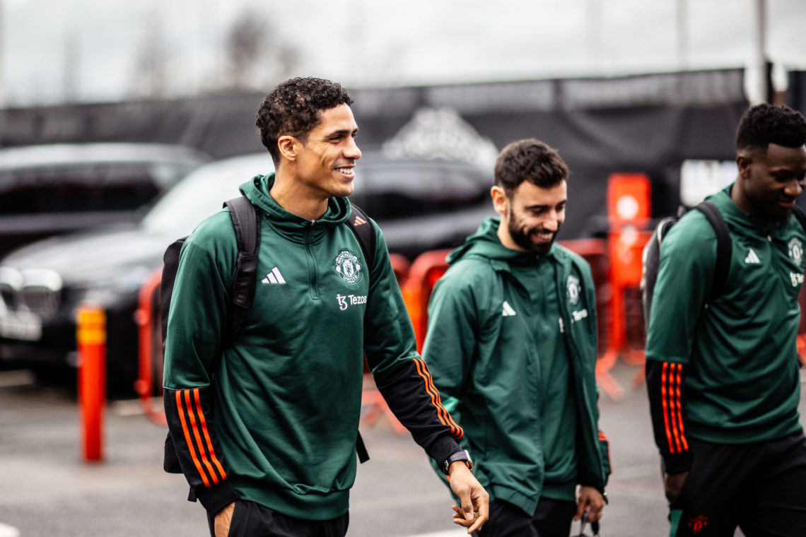 Raphael Varane, Bruno Fernandes & Andre Onana of Manchester United arrive prior to the Emirates FA Cup Quarter Final match between Manchester U...